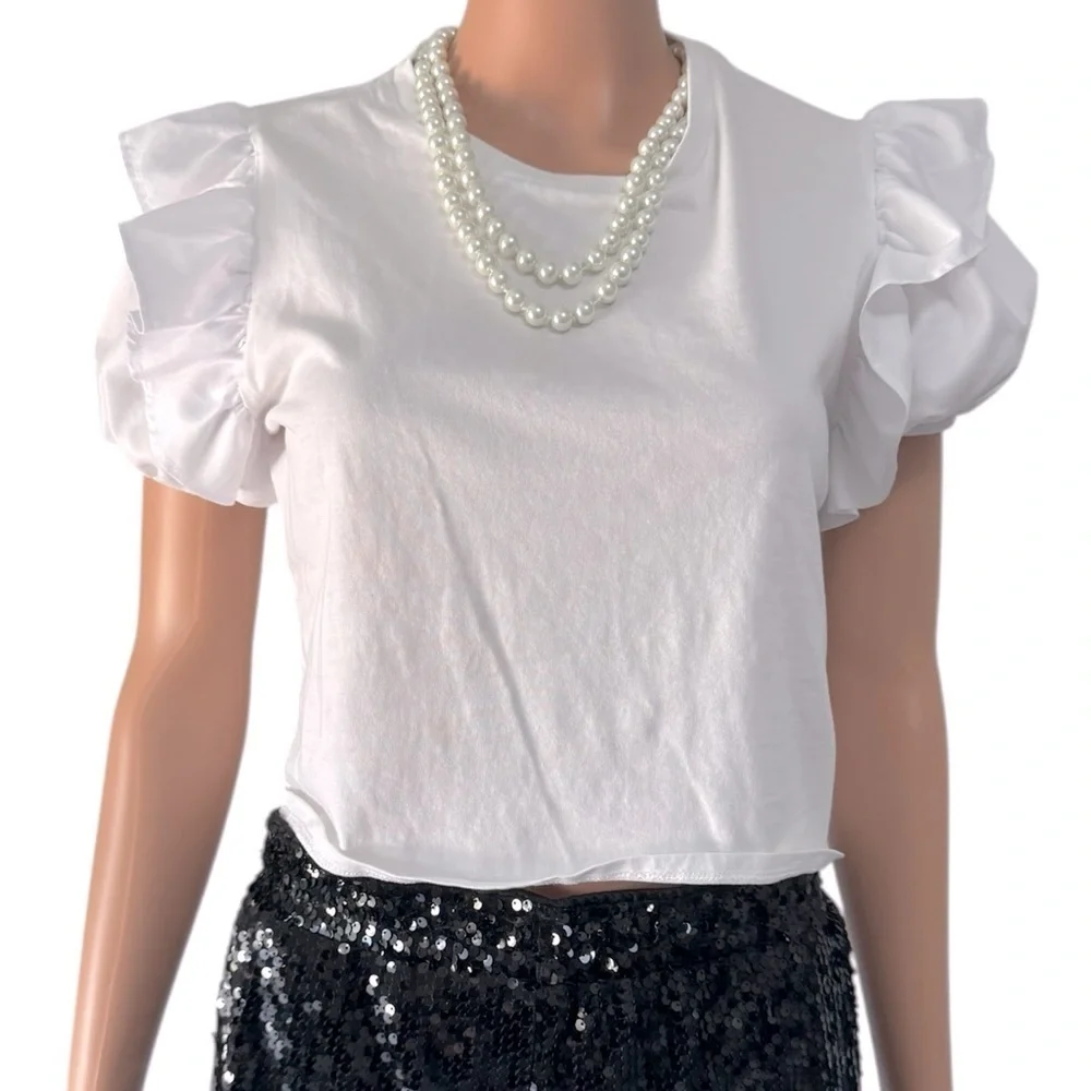 Zara White Cropped Puff Sleeve Ruffled Blouse- Size Medium